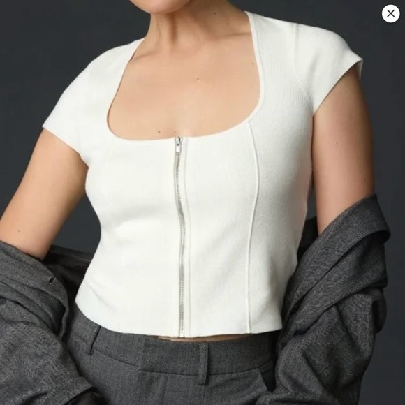 NWT Anthropologie White Zip Front Short Cap Sleeve Sweater Scoop Neck Women's M - Picture 1 of 15
